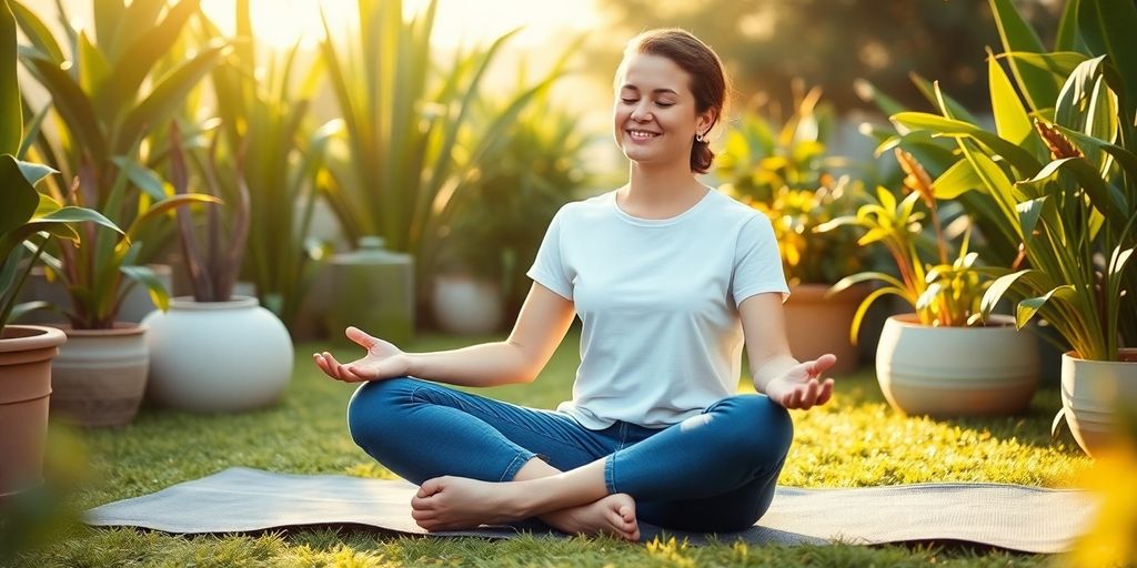 Person meditating on a yoga mat with plants around.