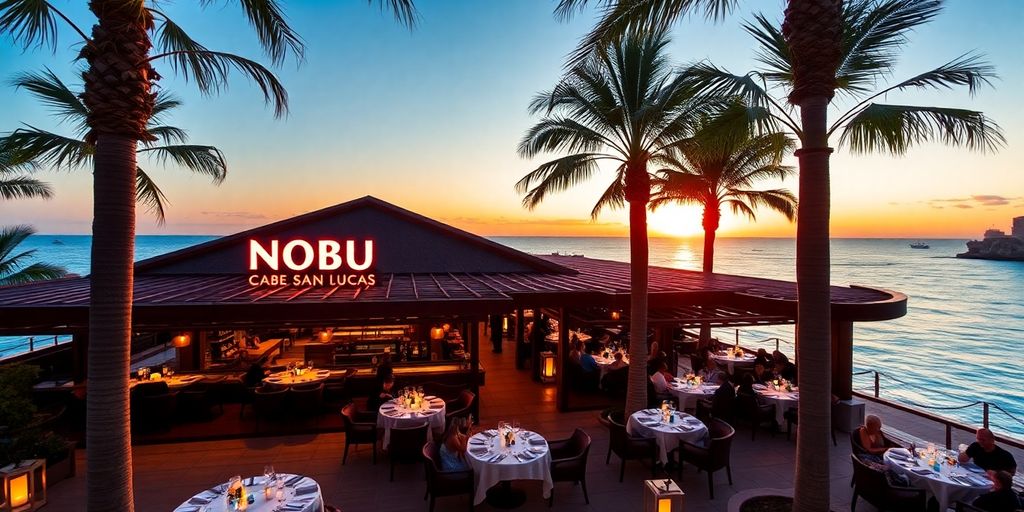 Lujoso restaurante Nobu en Cabo San Lucas al atardecer.