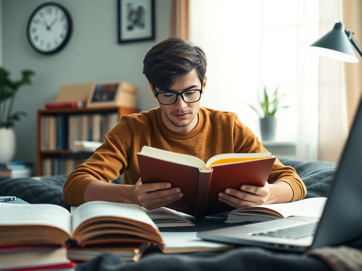 Student studying for GMAT with books and laptop.