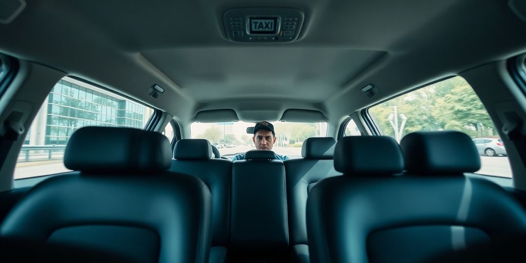 Taxi cab interior with safety features visible.