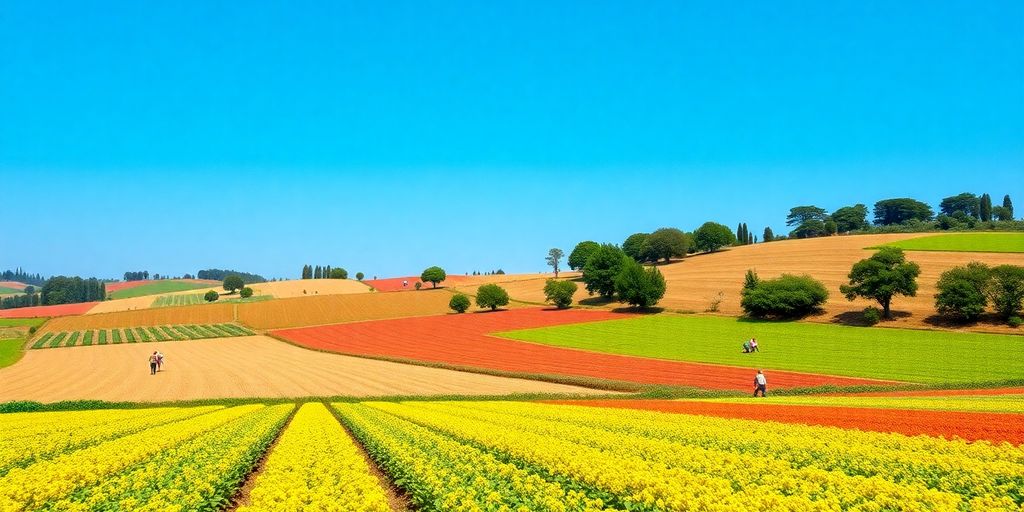 Paysage agricole avec des fermiers au travail.