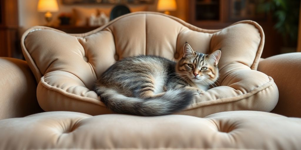 Plush cat sofa with a contented feline relaxing on it.