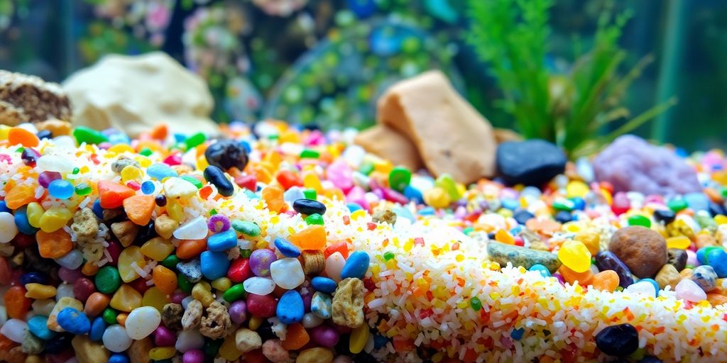 Sustrato y grava coloridos para acuarios de peces.