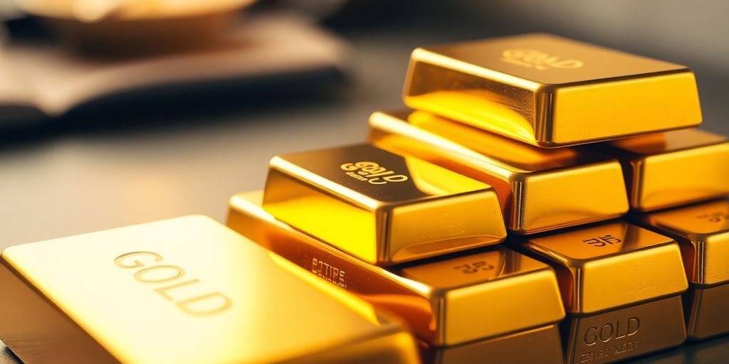 Barres d'or empilées dans un décor de retraite.