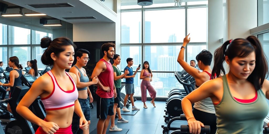 Expats exercising in a modern Hong Kong gym.