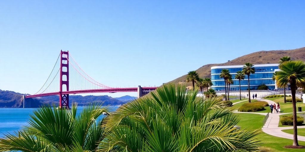 Golden Gate Bridge, palm trees, university campus