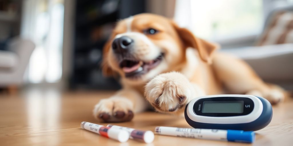 Happy dog, a glucometer, and testing strips.