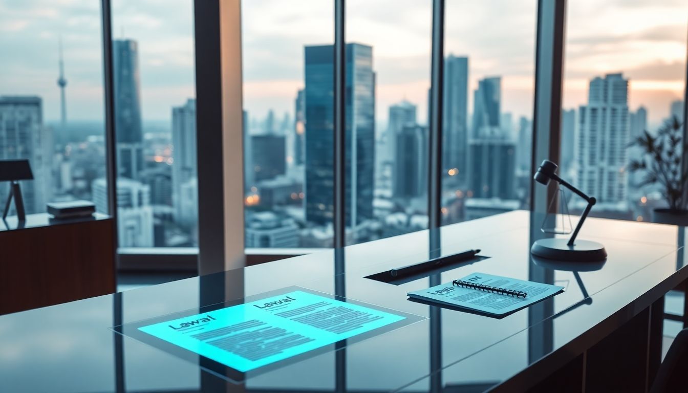 Futuristic law office with AI technology and digital documents.