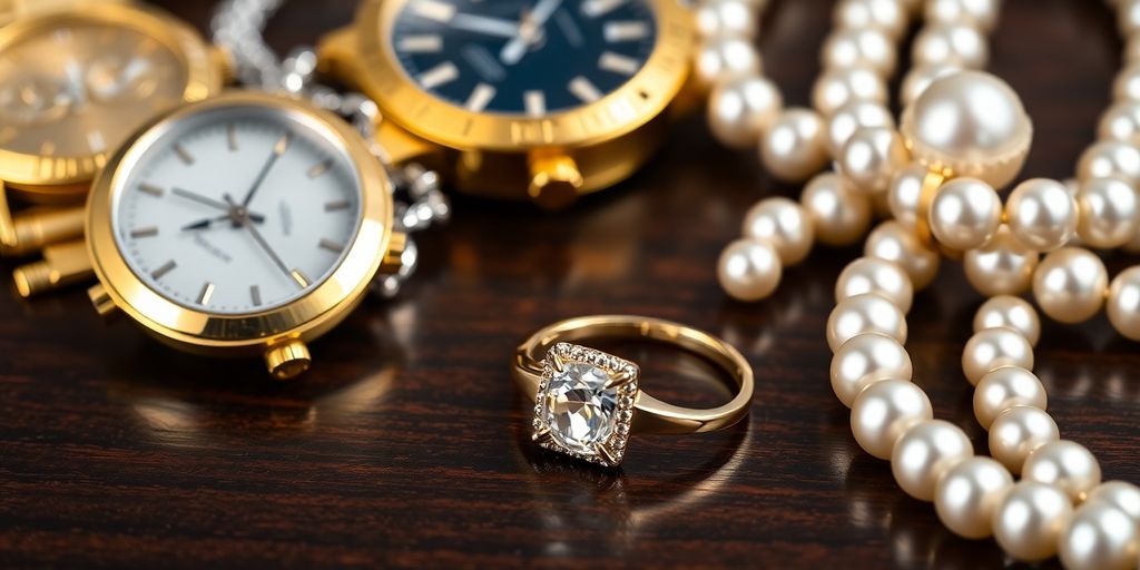 Montre et bijoux pr
R
es sur une table en bois