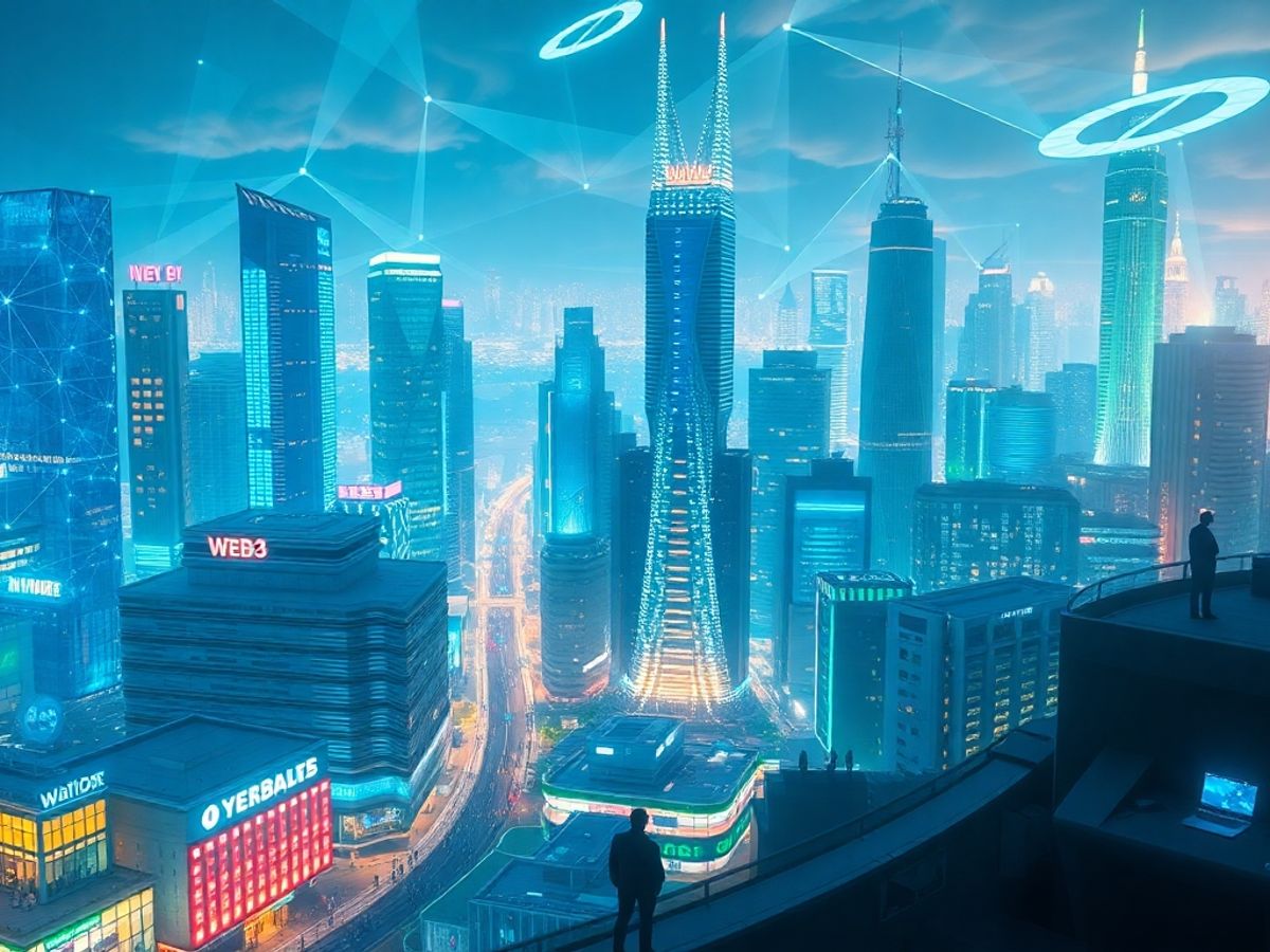 Futuristic cityscape with digital elements and glowing lights.