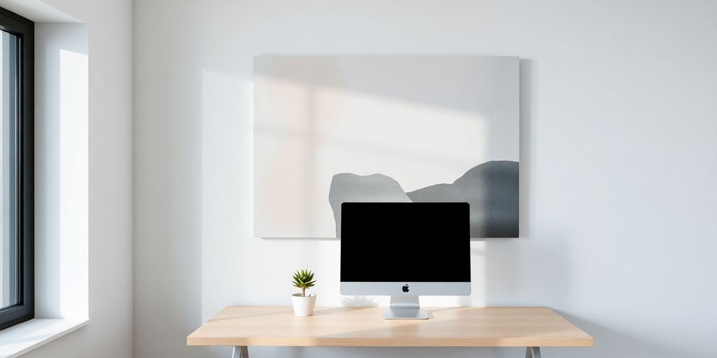 Modern office wall with abstract art, green plants.