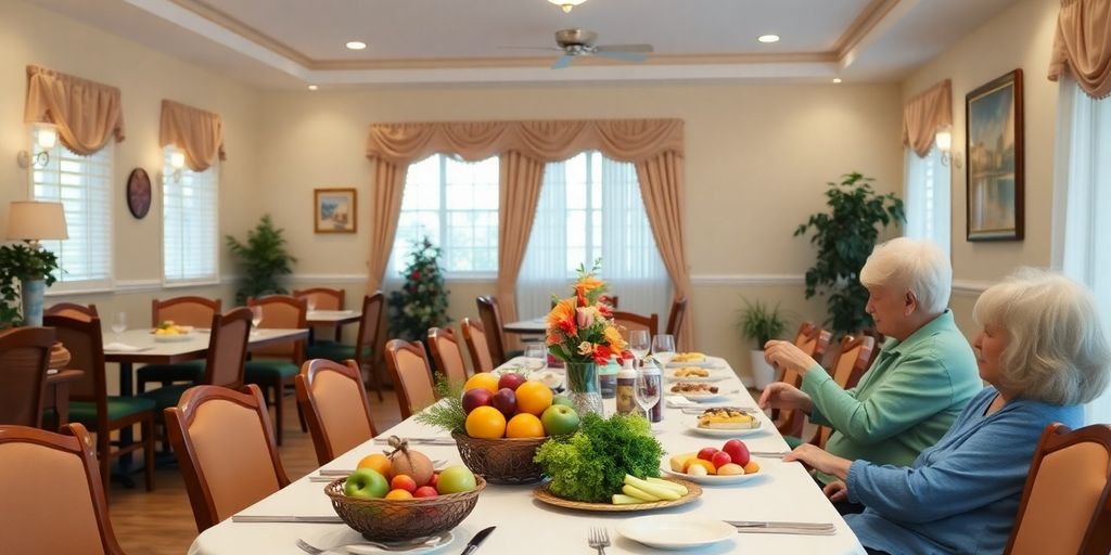 Mesa com comida saudável para idosos em casa de repouso.