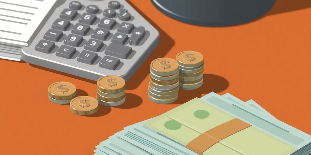 Calculator, coins, and stacks of bills