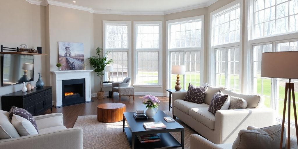 Remodeled living room with modern furniture and decor.