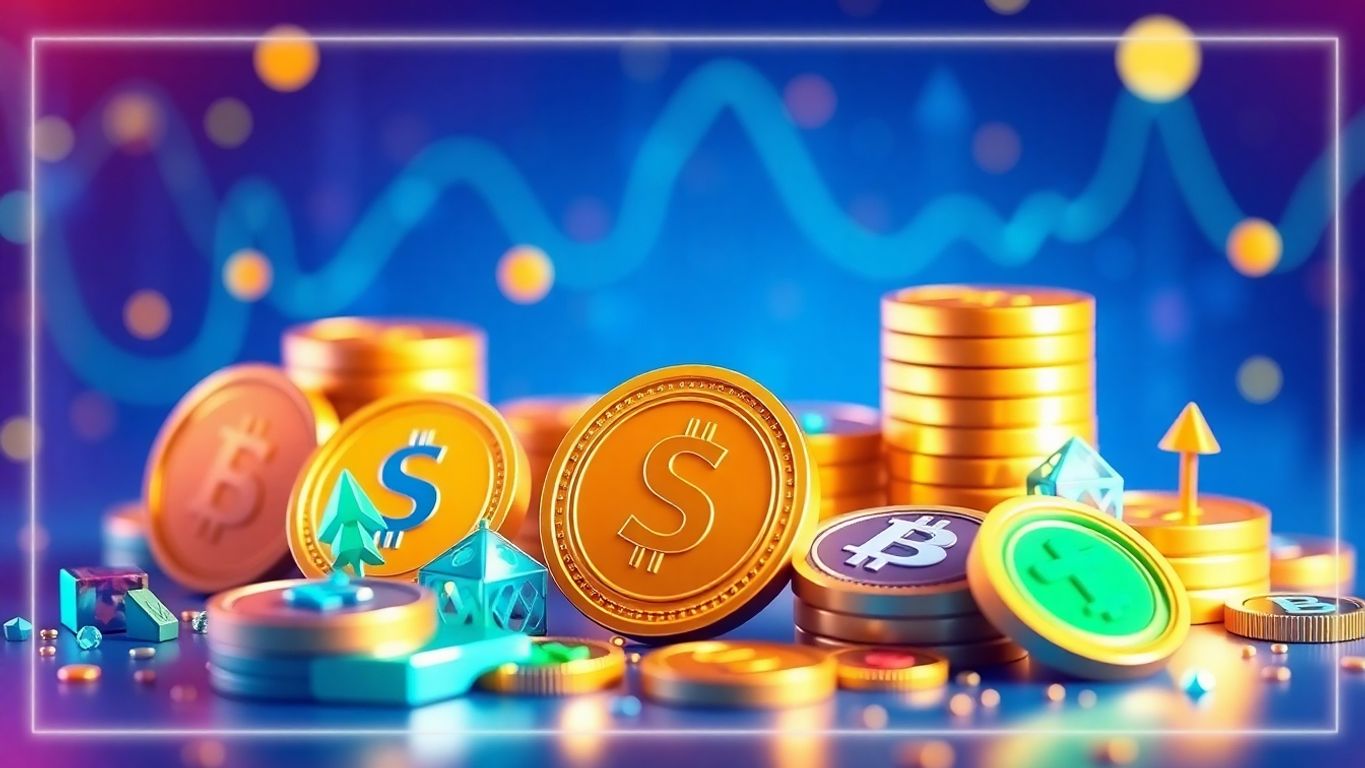3D illustration of Solana coins and digital assets.