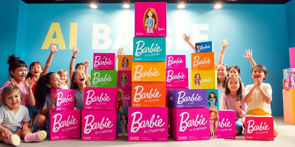 Colourful AI Barbie boxes with excited children and influencers.