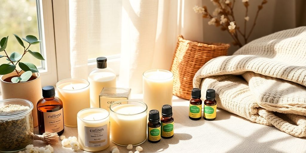 Wellness gifts including candles, oils, and blankets on display.