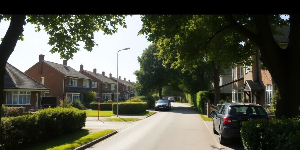English suburban street with houses and gardens