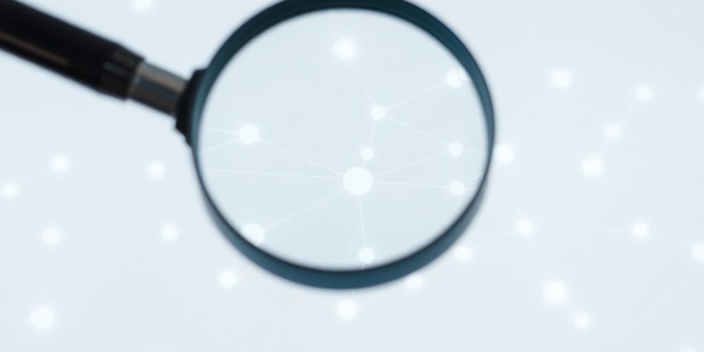 Magnifying glass over web, glowing connections.