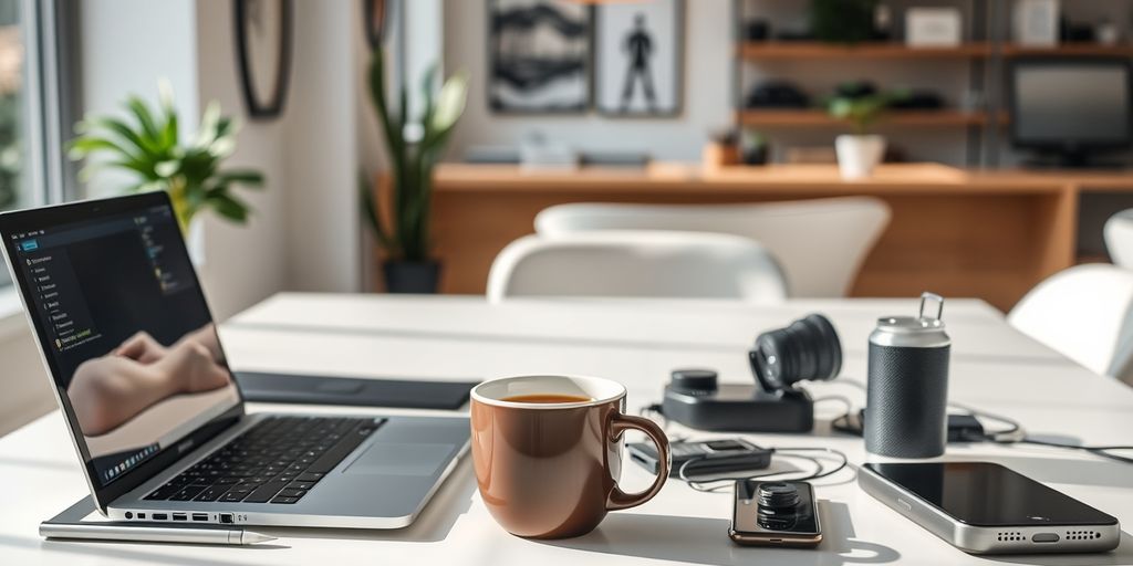 Modern workspace with laptop and coffee for side hustles.