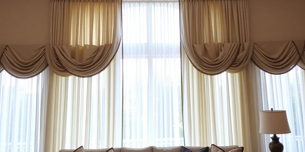 Inviting living room with layered window treatments.