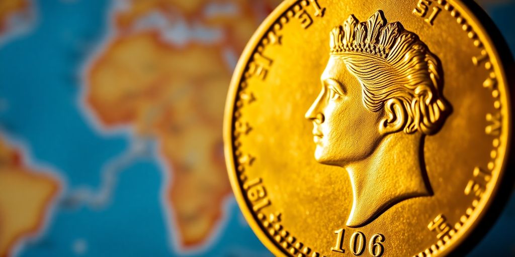 Une pièce de Napoléon en or brillante sur fond flou.