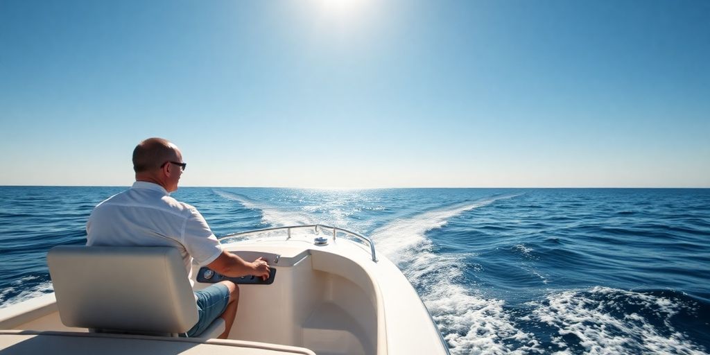 Captain steering a fishing charter boat.