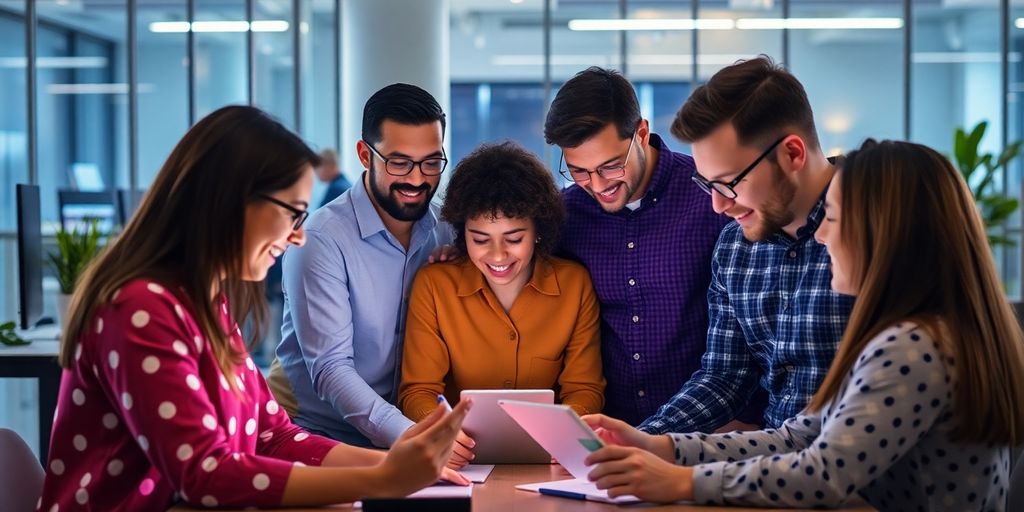 Developers collaborate on futuristic code.