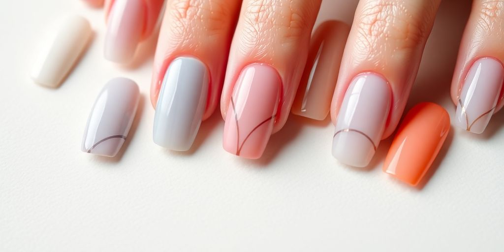 Close-up of colorful press on nails on a neutral surface.