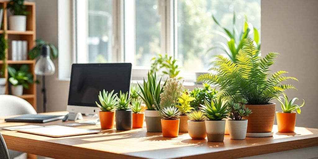 Lush desk plants enhancing a lively workspace atmosphere.