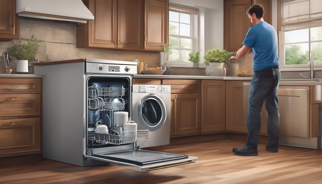 person fixing a home appliance in a kitchen