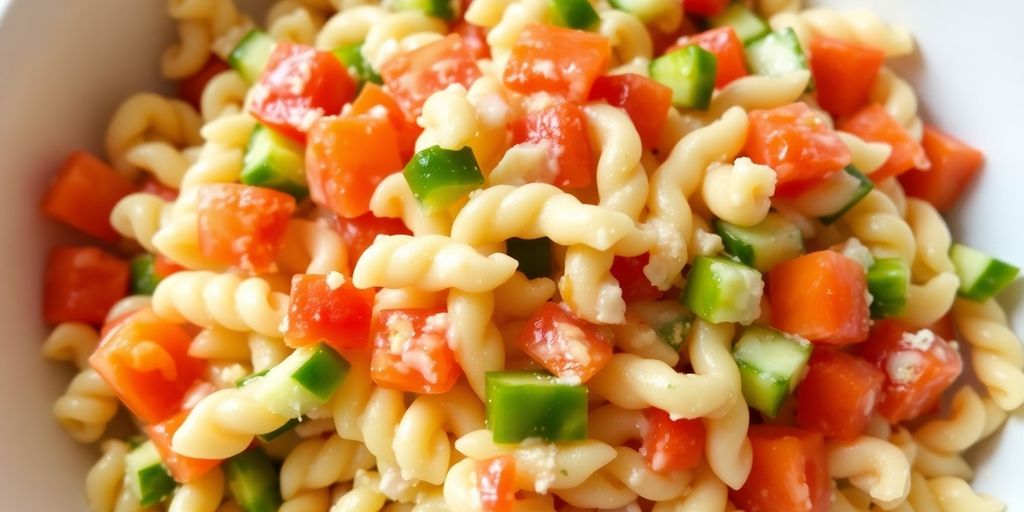 Vibrant pasta salad loaded with colorful vegetables and dressing.