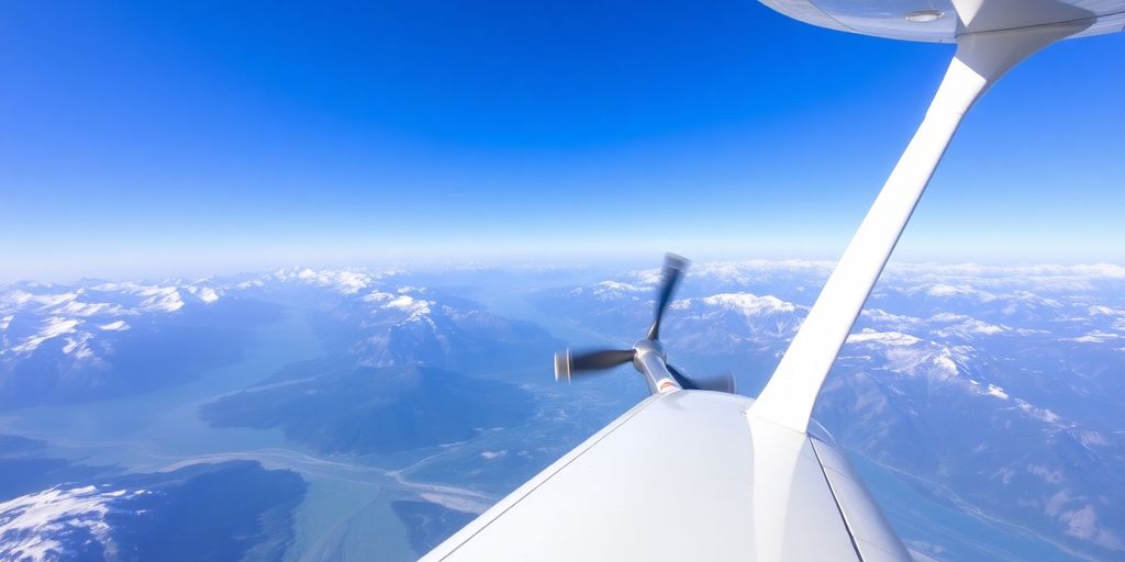 A small plane flies over snow-capped Alaskan mountains and glaciers.