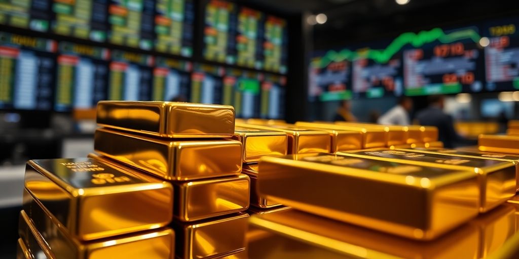Barres d'or empilées sur un fond flou.