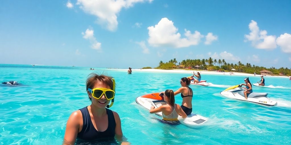 Colorful water sports in the sunny Bahamas with tourists.