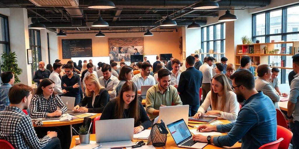 Diverse professionals collaborating in a modern workspace.