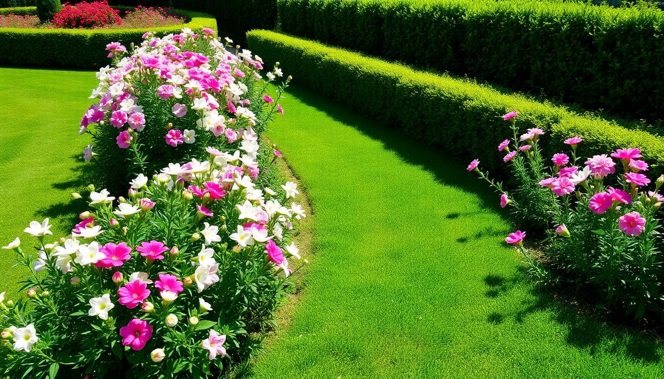 Vibrant garden with blooming flowers and lush greenery.