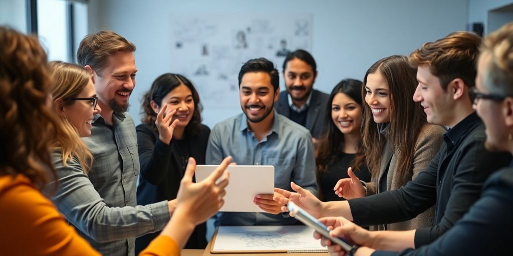 Diverse creative professionals collaborating on a vibrant project.