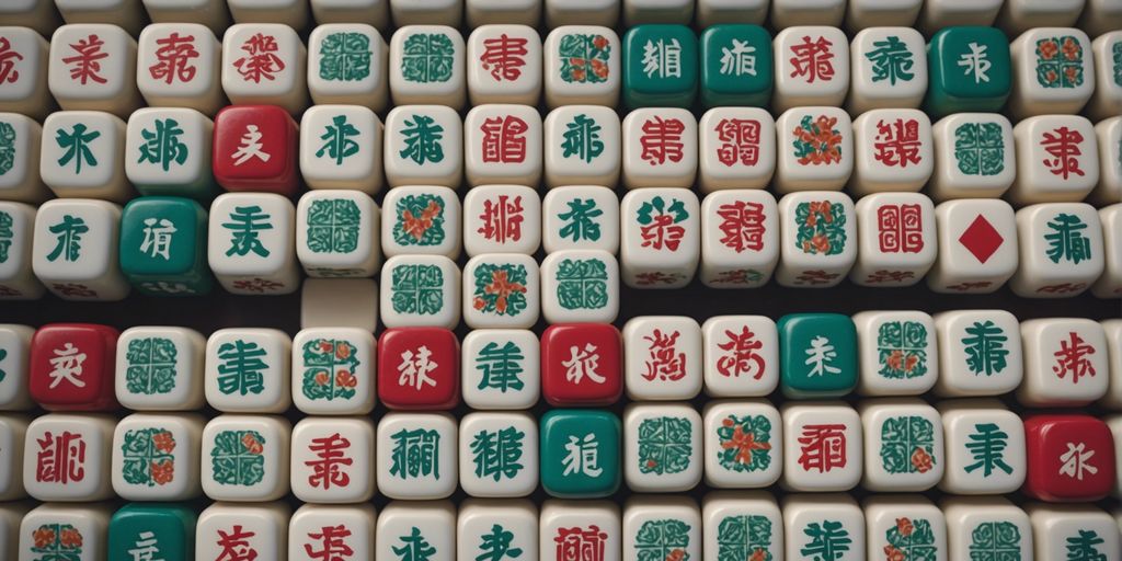 Colorful illustration of Mahjong tiles arranged in a grid, showcasing different symbols for easy identification and memorization.