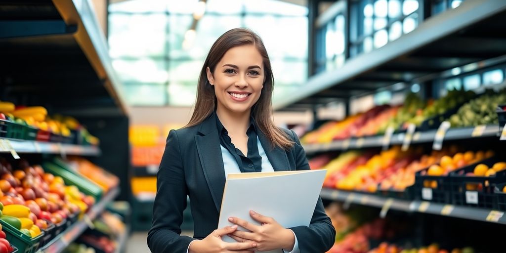 Young professional smiling confidently in produce aisle holding resume folder.