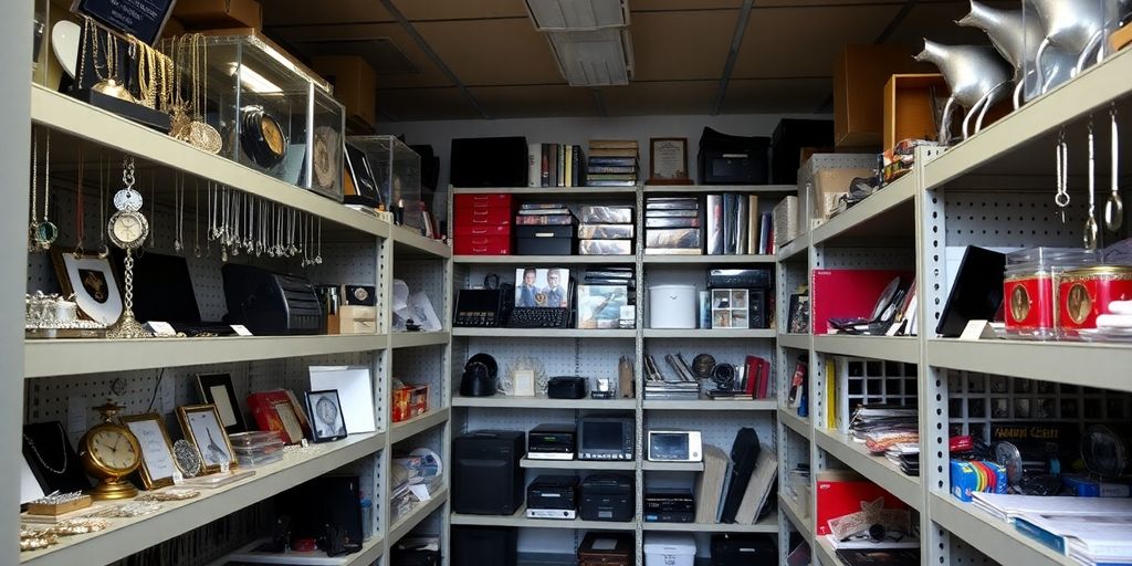 Objets mis en gage soigneusement entreposés dans un lieu sécurisé.
