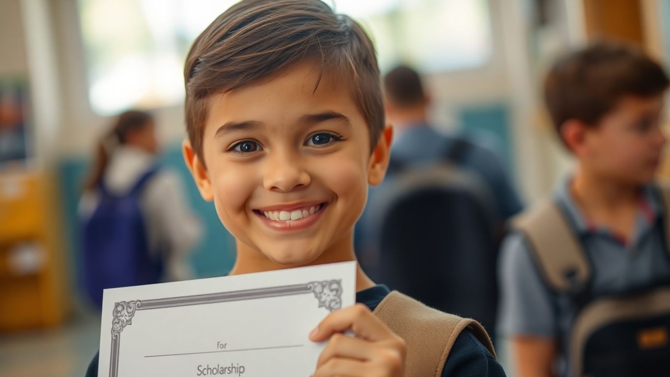 Estudante segurando um certificado de bolsa com um sorriso.