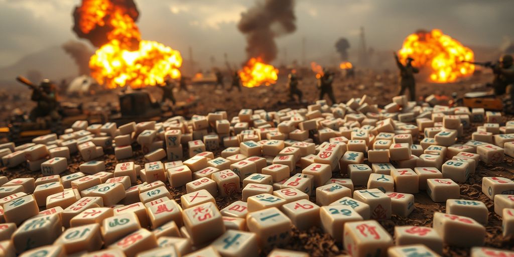 Mahjong tiles on a battlefield with explosions