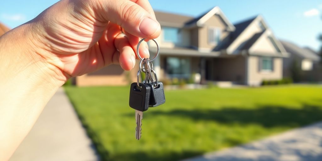 Keys in hand, new house in background.