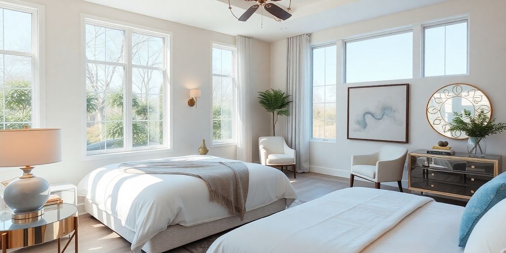 Modern bedroom with stylish decor and inviting atmosphere.