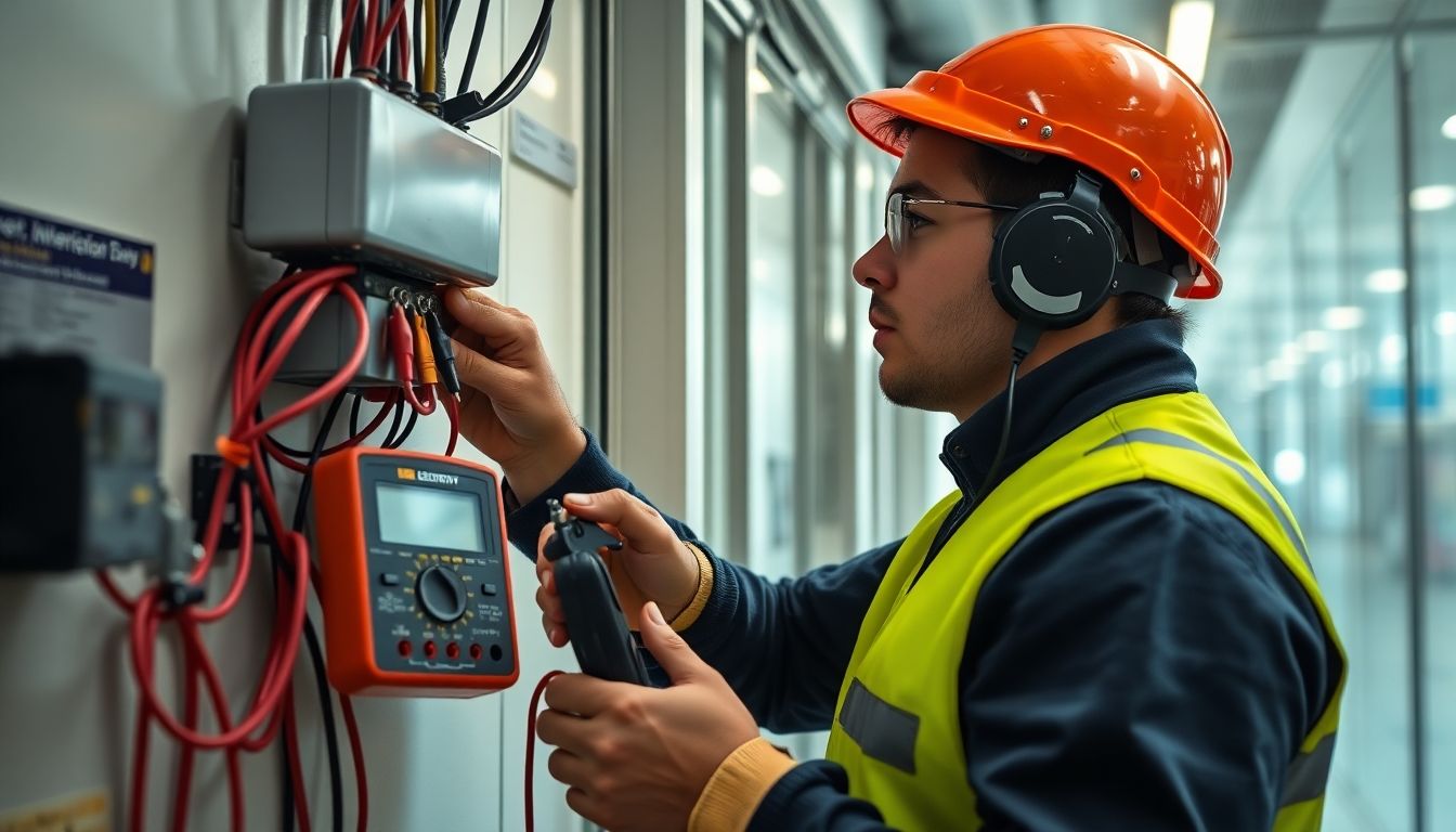 Electrician repairing electrical system in London business.