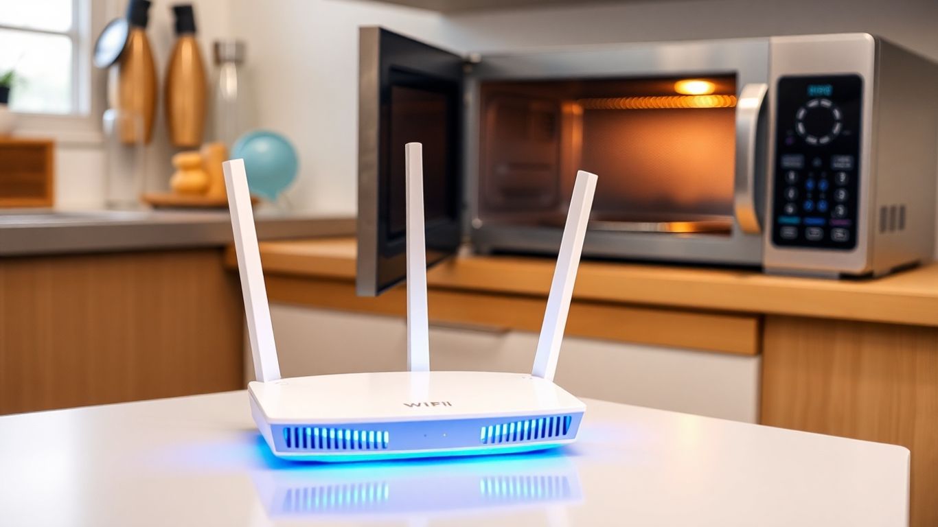 Roteador WiFi ao lado de micro-ondas ligado em uma cozinha