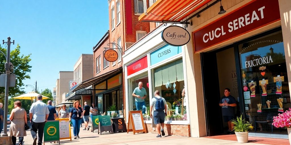 Colorful local businesses bustling with customers outdoors.