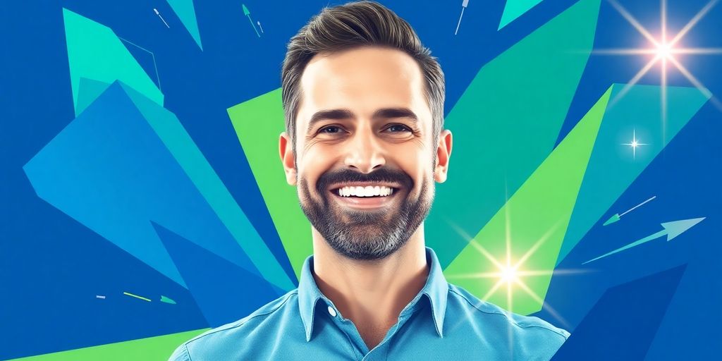 Homem sorrindo, com elementos abstratos de crescimento e estratégia ao redor.