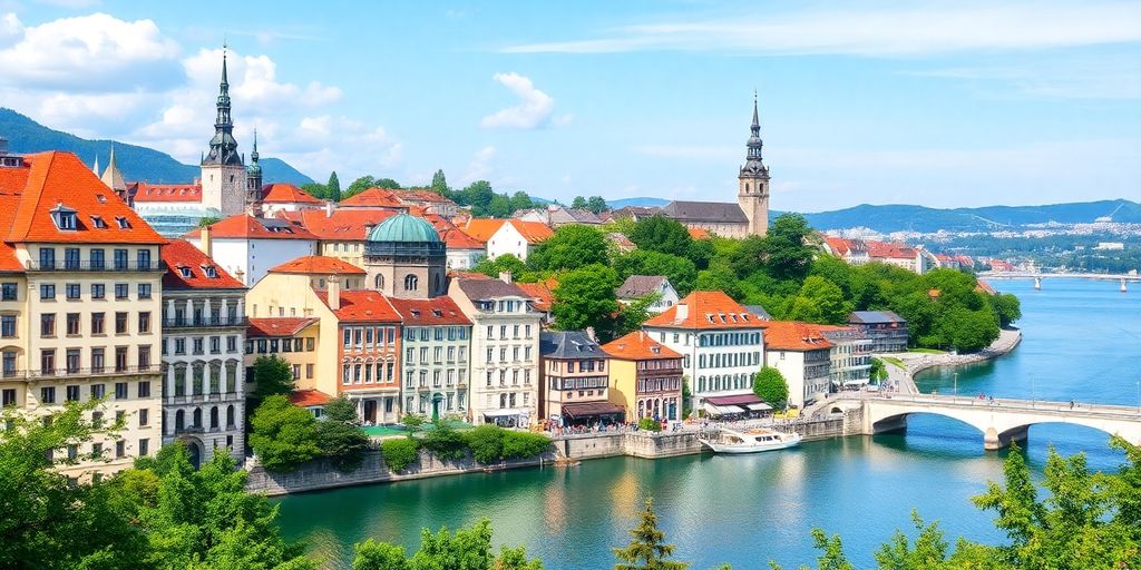 Scenic view of Zurich with historic buildings and lake.